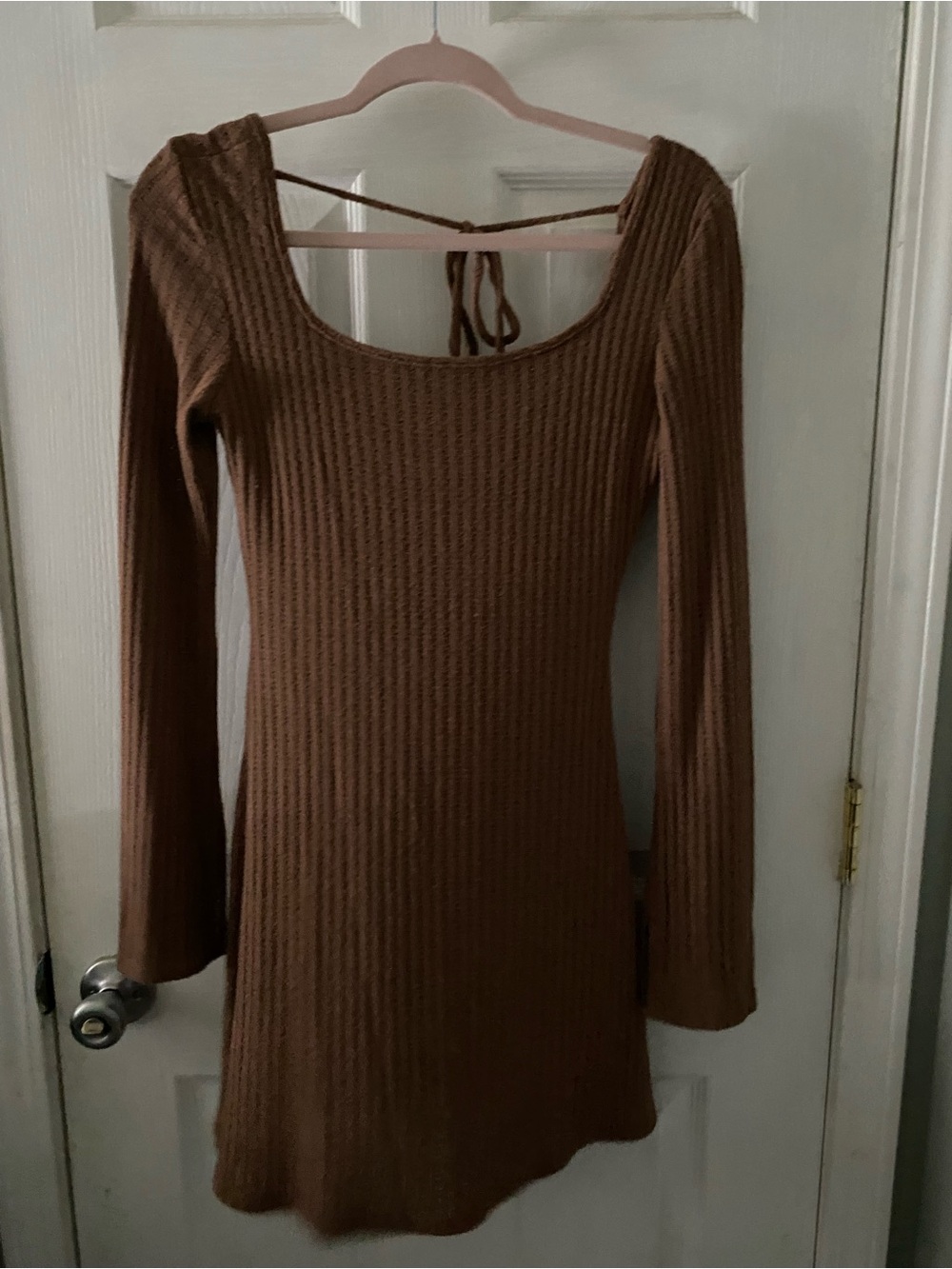 See You Monday Brown Ribbed Long-Sleeve Scoop Dress